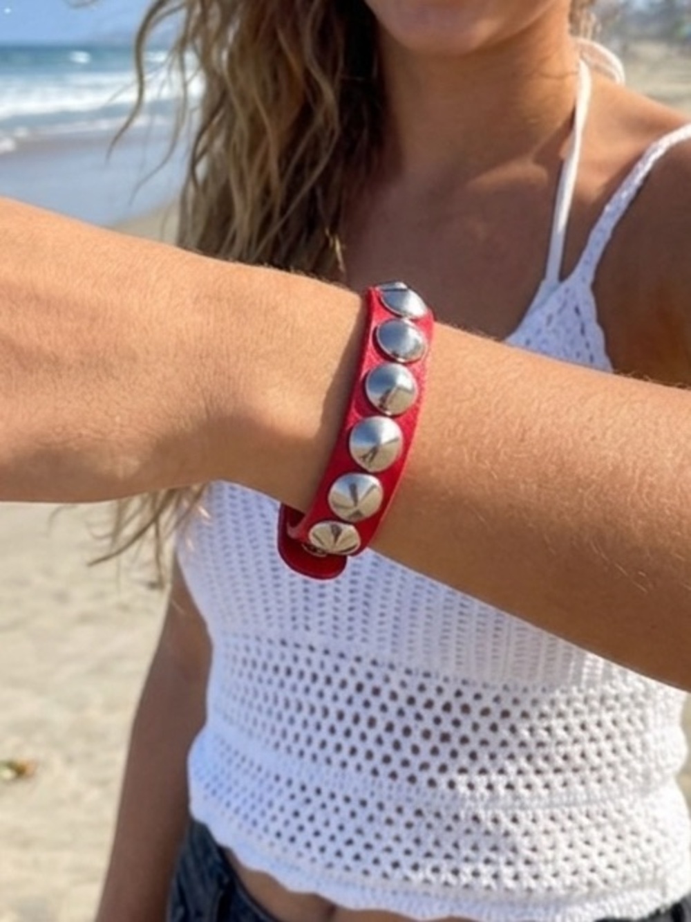 Red Edgy Rock Chic Silver Studded Spike Leather Bold Bracelet Concert Adjustable